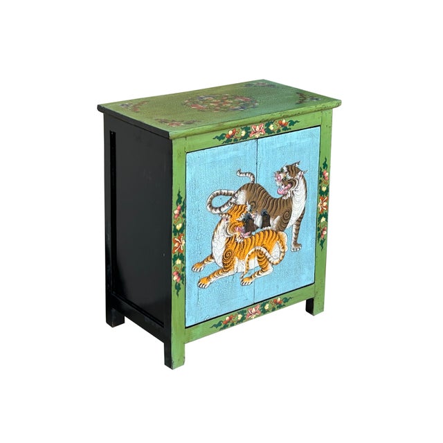 Asian Tibetan Style Lime Green Blue Two Tigers End Table Nightstand For Sale - Image 3 of 12