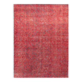 Rug & Kilim’s Distressed Style Modern Rug in Blue, Red Geometric Pattern For Sale