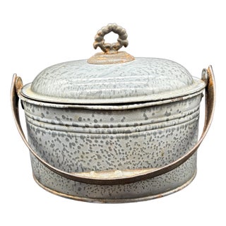 A Rare Antique Gray Agateware Oval Lunch Pail With Agate Lid, Circa 1900 For Sale