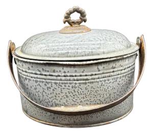 A Rare Antique Gray Agateware Oval Lunch Pail With Agate Lid, Circa 1900
