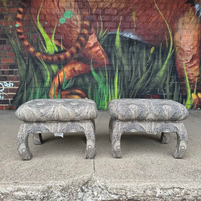 Tan Pair of Oriental Fully Upholstered Beachley Furniture Peacock Ottomans For Sale - Image 8 of 12