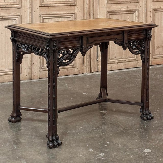 19th Century French Gothic Walnut Writing Desk With Leather Top For Sale - Image 12 of 18