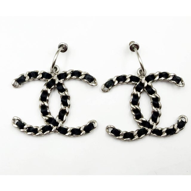 Chanel Silver CC Chain Black Ribbon XL Hoop Earrings *Marked 11 *Made in Italy *Comes with the original box -It is...