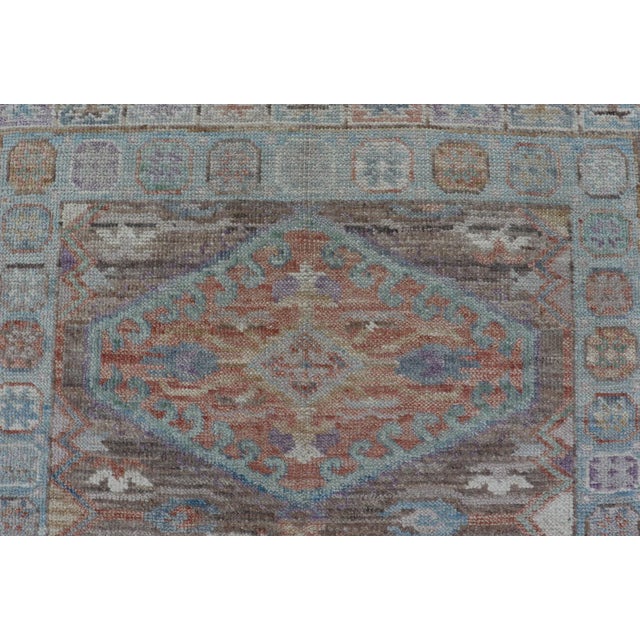Hand Knotted Modern Oushak Geometric Medallion Designed Runner For Sale - Image 4 of 13