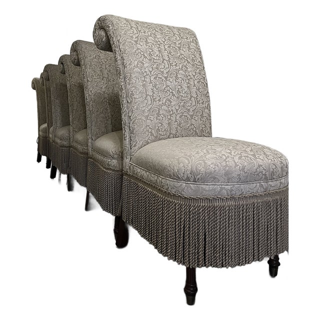 Designmaster for Domain Scroll-Back Damask Dining Chairs With Bullion Fringe & Turned Mahogany Legs, Set of 6 For Sale