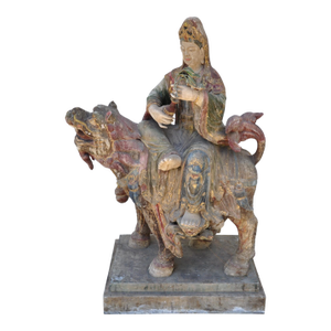 Large 55" High Antique Polychromed Wooden Sculpture of Kwan Yin (Guanyin), the Bodhisattva of Compassion Seated on a Lion
