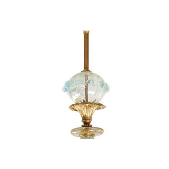 5 arm Ella chandelier with 2 pieces of vintage blue Murano glass. Smooth half pear prisms hanging on arm. Hand applied...