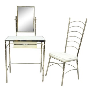 Mid 20th Century Hollywood Regency Faux Bamboo Metal Vanity With Chair-a Pair For Sale