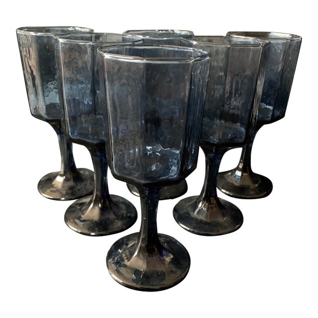 1980s Textured Octagonal Dusky Blue Cobalt Water Glass Goblets - Set of 6 For Sale