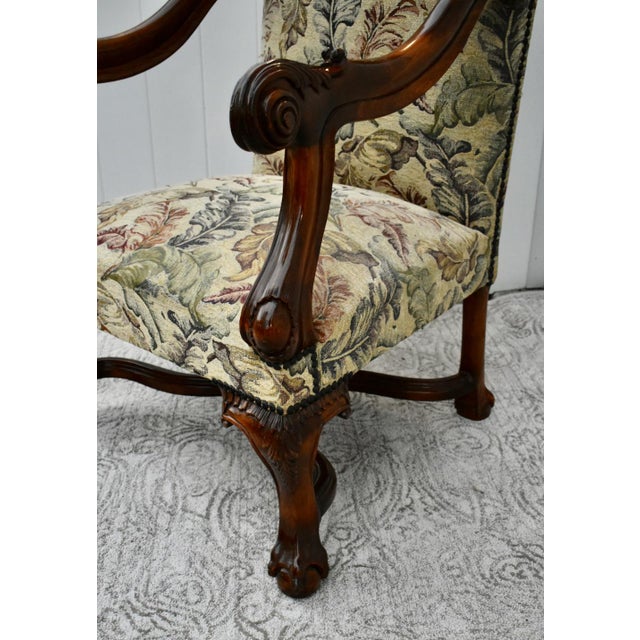 1950s 1950s Renaissance Revival Armchair High Back Carved Floral Tapestry For Sale - Image 5 of 13
