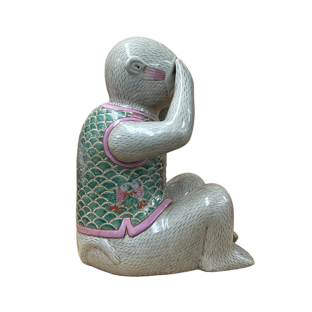 Set 3 Vintage Gray Green Dress No Evils Ceramic Art Monkey Figures For Sale - Image 9 of 14