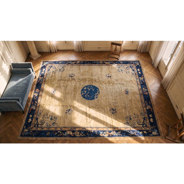 Beige Beautiful Little Birds on Branches in the Center on Beige Background Color Antique Chinese Peking Rug For Sale - Image 8 of 10