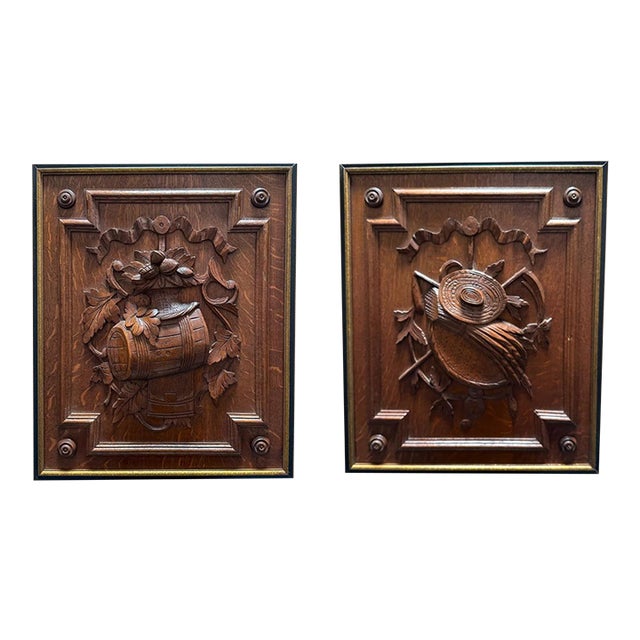 Pair of Framed Carved Oak Door Panels, Circa 1880. For Sale