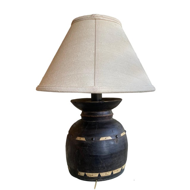 Rustic 1990s Rustic Custom Lamp Made From Antique Indian Wood Milk Pot With Raw SiIk Shade For Sale - Image 3 of 7