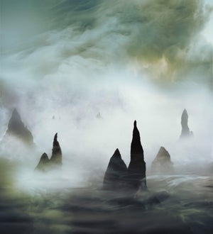 Towers of Q'sh by Jenya Chernoff | Constructed diorama and framed giclée print of rock formations in fog