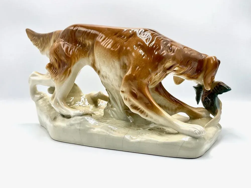 Large Hunting Dog with Duck Figurine in Porcelain from Royal Dux