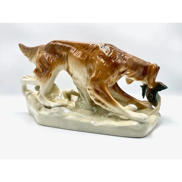 Large Hunting Dog with Duck Figurine in Porcelain from Royal Dux