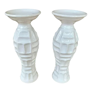 Vintage Pair of White Ceramic Bamboo Form Candle Holders