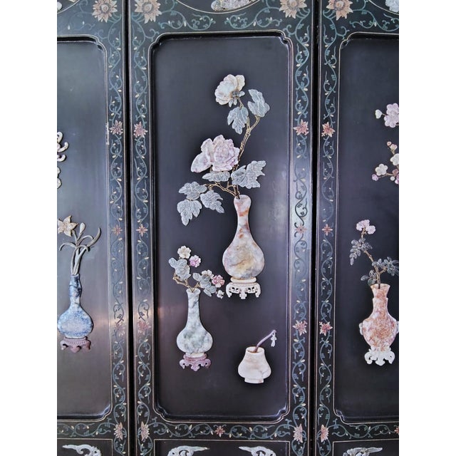 1900s Chinese Six-Panel Carved Hardstone Lacquered Coromandel Screen For Sale - Image 13 of 18