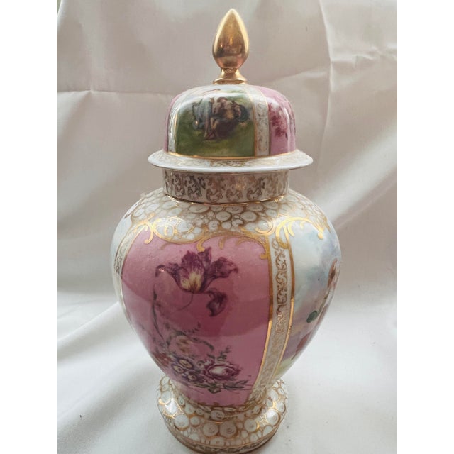 Light Pink Vintage German Kalk-Style Gilt Porcelain Covered Urns — Pair For Sale - Image 8 of 9