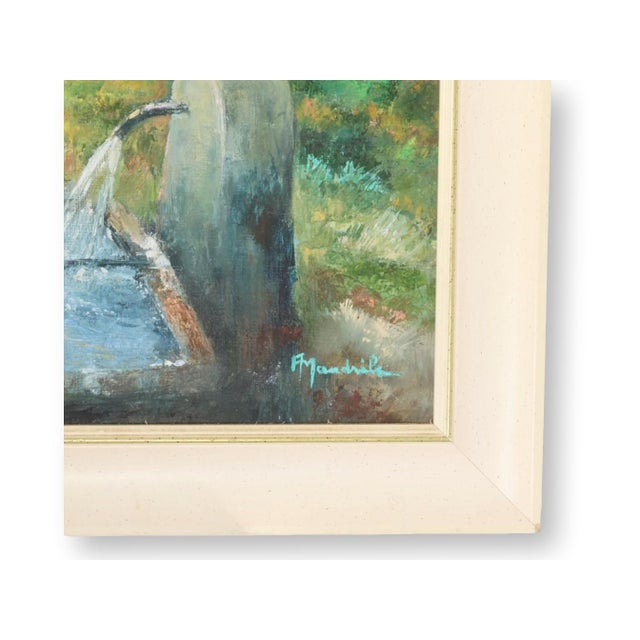Charming vintage French oil on canvas, artist signed lower right. The composition depicts a rustic village fountain shaded...