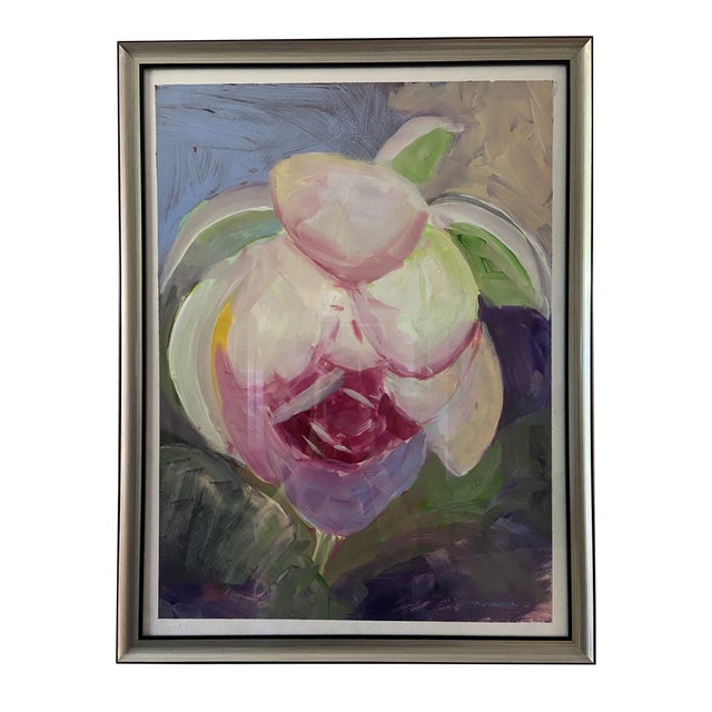 Contemporary Botanical Acrylic Painting of a Lotus Flower by Marina Movshina, Framed For Sale