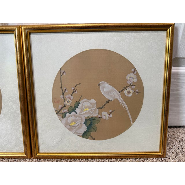 Gold Vintage Chinese Watercolor Painting on Silk Framed Pictures Birds Floral Signed - a Pair For Sale - Image 8 of 12