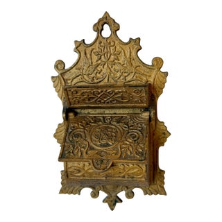 Antique Brass Double Match Holder With Side Strikers Ornate Bird Theme Wall Mount For Sale