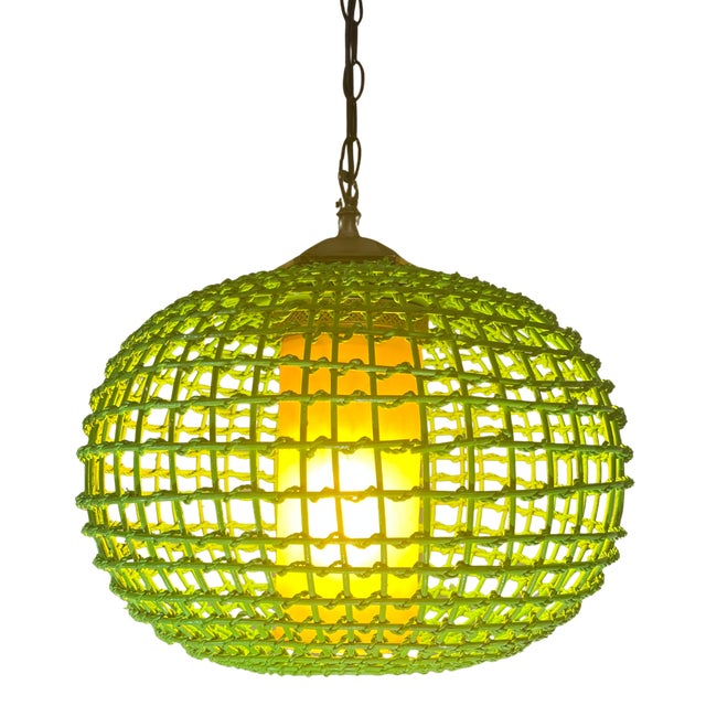 Mid-Century Modern Vintage Rattan Green Globe Oange Glass Shade Pendant Light For Sale - Image 3 of 18