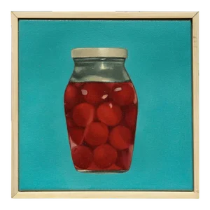 Beth Edwards, Jar of Cherries II, Realist Still Life Oil Painting, 2001