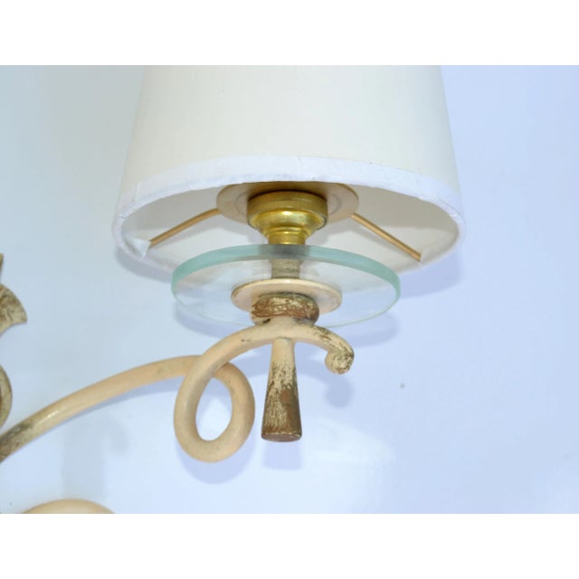 French Wrought Iron & Round Glass Sconces Cone Shades, Wall Lights Art Deco 1950 For Sale - Image 9 of 13