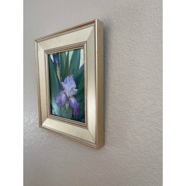 Realism Bearded Beauty by Sheri Farabaugh | Oil on Treated Cardboard Iris Flower among Green Leaves For Sale - Image 3 of 3