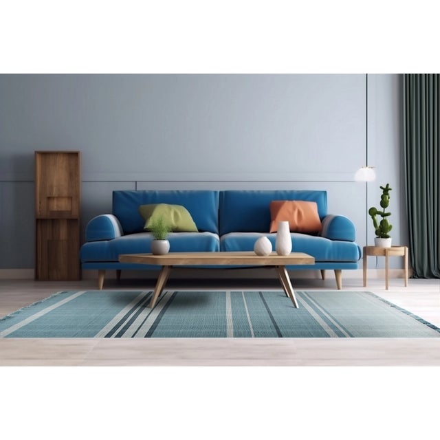 10x14 Opulent Majestic Blue Geometric Modern Flatweave Wool Carpet Rug For Sale In New York - Image 6 of 10