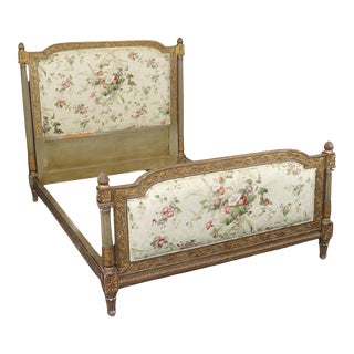 Gilt French Louis XVI Tall Upholstered Full Double Size Bed For Sale
