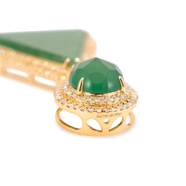 Modern 18k Yellow Gold 10.05ct Green Burmese Jadeite Jade Diamond Double Drop Pendant For Sale - Image 3 of 8
