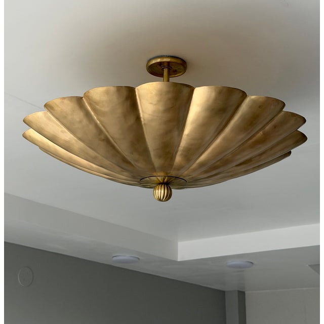 Not Yet Made - Made To Order Art Deco Brass Flush Mount Ceiling Light | Scalloped Flower Fixture, Brushed Brass For Sale - Image 5 of 6