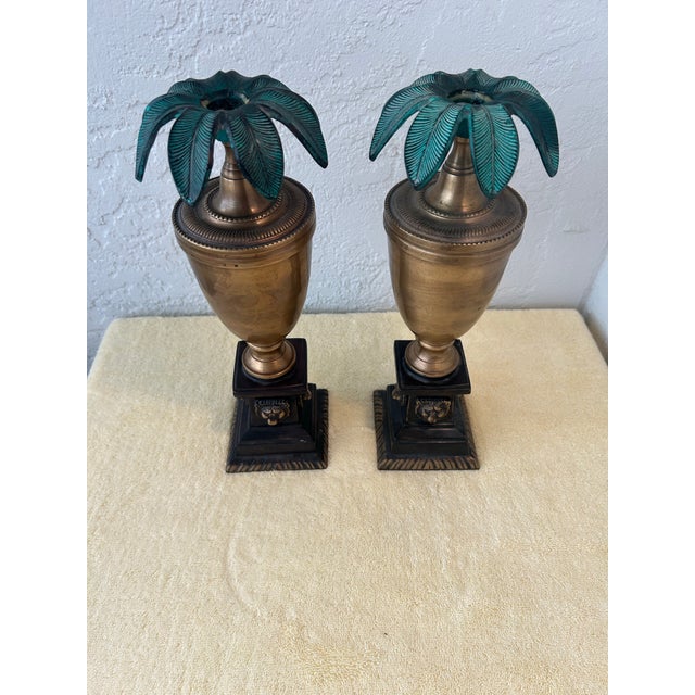 1970s Pair of Vintage Brass Urn Style Candle Holders Palm Tree Style For Sale - Image 5 of 8