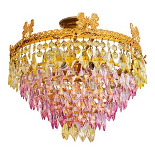 1970s Vintage Brass Butterfly Motif Flush Mount Chandelier With Pink & Green Crystals – 6 Light For Sale