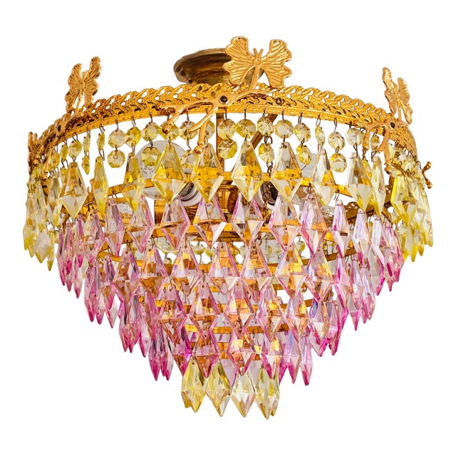 1970s Vintage Brass Butterfly Motif Flush Mount Chandelier With Pink & Green Crystals – 6 Light For Sale