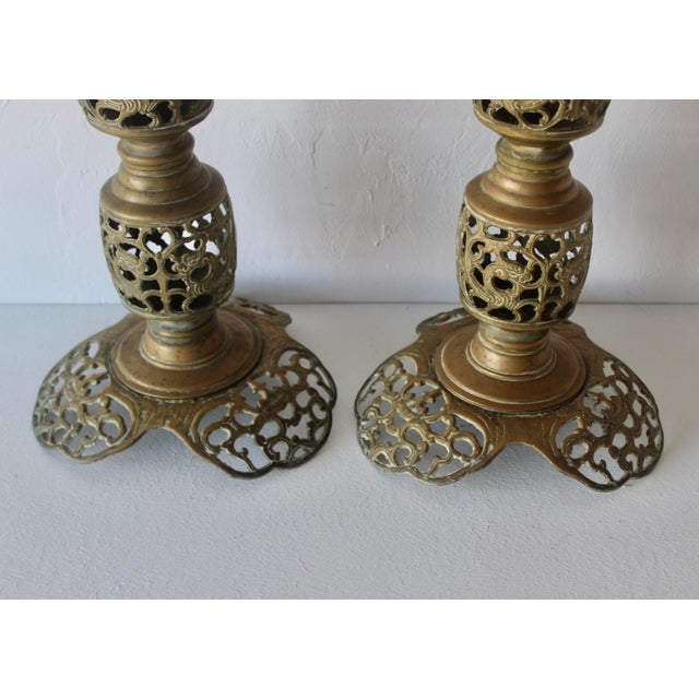 Vintage Altar Size Pierced Brass Floor Candlestick Holders Ornate Reticulated Design Mid Century For Sale - Image 10 of 15