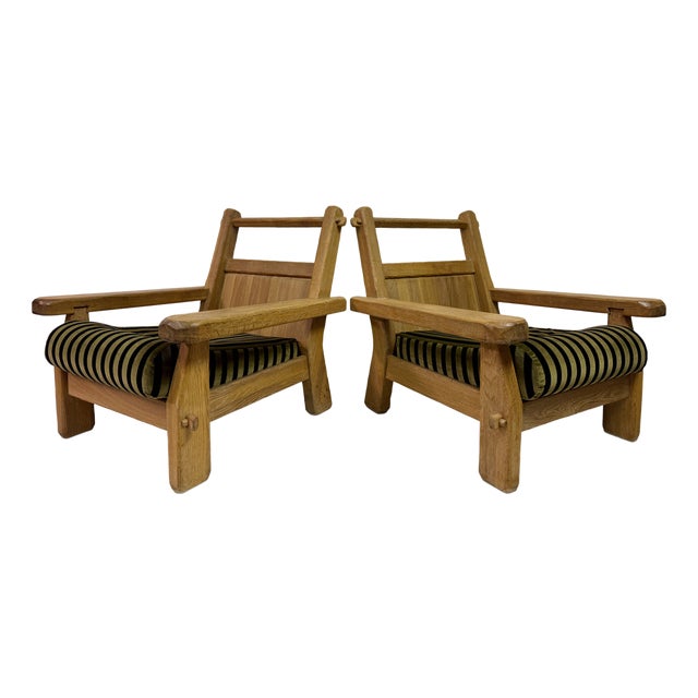 Set of Brutalist Belgian Oak Armchairs by De Puydt, 1960s For Sale