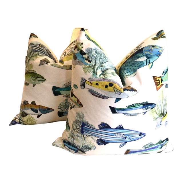 Manuel Canovas “Fidji” Tropical Fish Indoor/Outdoor Down-Filled Pillows- a Pair For Sale