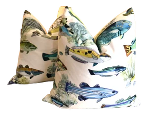 Manuel Canovas “Fidji” Tropical Fish Indoor/Outdoor Down-Filled Pillows- a Pair