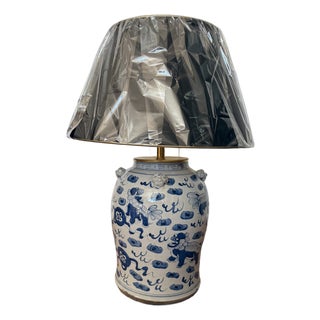 Chinoiserie Hand Painted Ceramic Ginger Jar Lamp With Blue Dragons For Sale