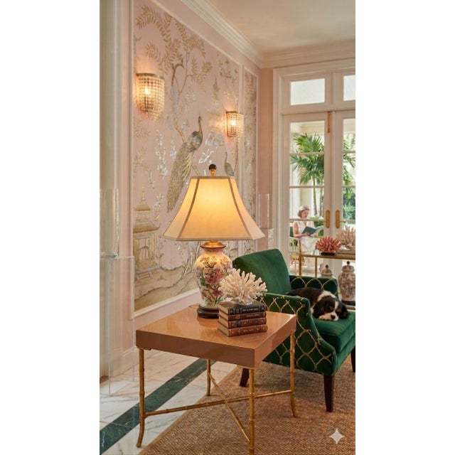 Chinoiserie Vintage Hand‑Painted Chinese Embossed Porcelain Ginger Jar Lamp With Vintage Silk Shade for Palm Beach Chic, Grandmillennial & Chinoiserie - See Pics! For Sale - Image 3 of 10
