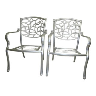 1980s Patio Garden Cast Aluminum Armchair Silver Set of 2 For Sale