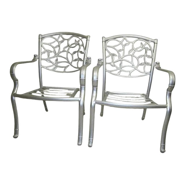 1980s Patio Garden Cast Aluminum Armchair Silver Set of 2 For Sale