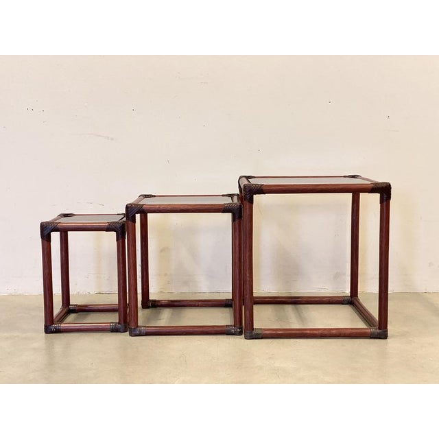Mid-Century Modern Triptych Bamboo Tables in Leather, 1970s, Set of 3 For Sale - Image 3 of 10