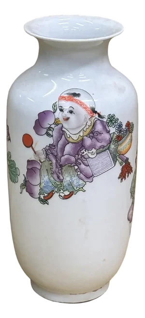 Chinese White Base Color Baizi Graphic Porcelain Art Vase