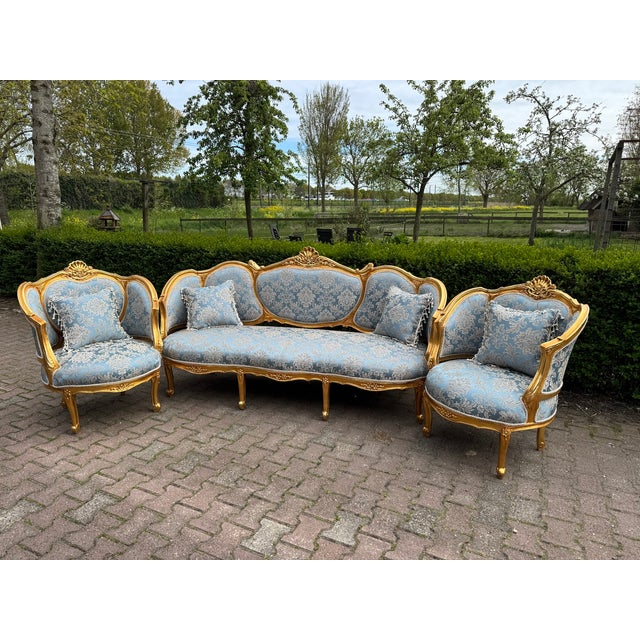 1940 French Louis XVI Gold Beech Damask Sofa Set - 5 PCS For Sale - Image 4 of 18